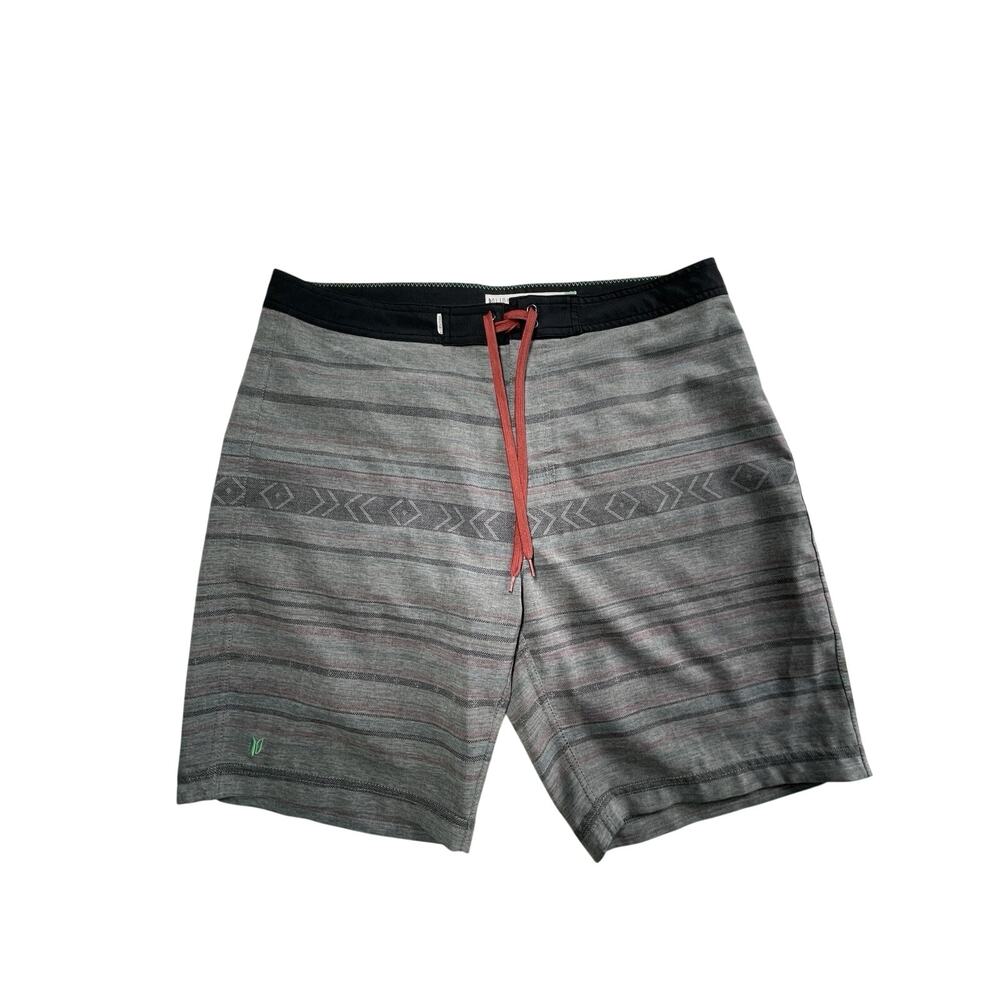 Linksoul Men's Gray Striped Swim Trunks with Red Drawstring Size 35